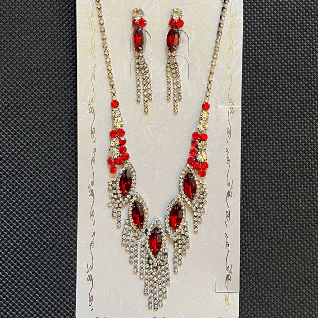 Sparkling Bridal Prom Set Necklace & Earrings Clear & Red Rhinestones